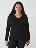 LCWAIKIKI Basic Siyah V Yaka Düz Uzun Kollu Kadın Tişört