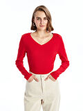 LCWAIKIKI Basic Kirmizi V Yaka Düz Uzun Kollu Kadın Tişört