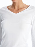 LCWAIKIKI Basic Ekru V Yaka Düz Uzun Kollu Kadın Tişört