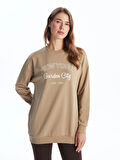 LCW Modest Bej Bisiklet Yaka Baskılı Kadın Sweatshirt Tunik