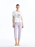 LCW Young LİLA Bisiklet Yaka Baskılı Kısa Kollu Kadın Kaprili Pijama Takımı