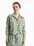 LCW Modest Yeşil Gömlek Yaka Desenli Uzun Kollu Crop Kadın Bluz