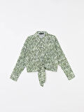 LCW Modest Yeşil Gömlek Yaka Desenli Uzun Kollu Crop Kadın Bluz