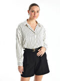 LCW Vision EKRU Çizgili Uzun Kollu Oversize Saten Kadın Gömlek