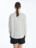 LCW Vision EKRU Çizgili Uzun Kollu Oversize Saten Kadın Gömlek
