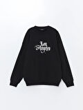 XSIDE Siyah Bisiklet Yaka Baskılı Erkek Kalın Sweatshirt