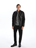 LCWAIKIKI Classic Siyah Standart Kalıp Dik Yaka Erkek Deri Görünümlü Mont