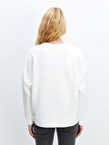 LCW Vision Ekru Bisiklet Yaka Baskılı Oversize Kadın Kalın Sweatshirt