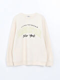XSIDE Bej Bisiklet Yaka Baskılı Oversize Kadın Kalın Sweatshirt
