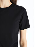 LCWAIKIKI Basic Siyah Bisiklet Yaka Düz Kısa Kollu Kadın Tişört