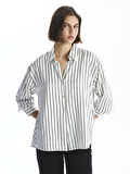 LCW Vision SİYAH Çizgili Uzun Kollu Oversize Saten Kadın Gömlek