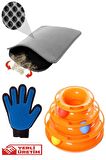 TİNEKE TOWER OF TRACKS Kedi Oyuncağı + Kedi Tüy Toplama Eldiveni+Elekli Kedi Tuvalet Paspası (gri) 3 lü