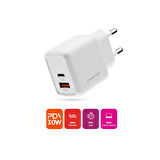 Polosmart PBS137 Hızlı 1 USB 1 PD Çıkışlı 30W Şarj Adaptörü Duvar Şarjı Beyaz
