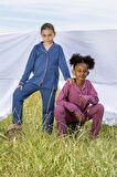 kız çocuk uzun kollu düğmeli pijama takımı mini puanlı lacivert