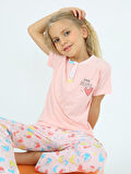 Kız Çocuk Kısa Kollu %100 Pamuklu Düğme Detaylı Little Dreamer Pijama Takımı Somon