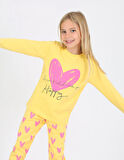 Kız Çocuk Uzun Kollu %100 Pamuklu Pijama Takımı Happy Heart Sarı