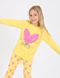 Kız Çocuk Uzun Kollu %100 Pamuklu Pijama Takımı Happy Heart Sarı