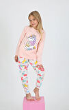 Kız Çocuk Uzun Kollu %100 Pamuklu Pijama Takımı Happines Somon
