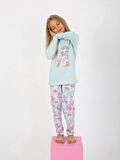 Kız Çocuk Uzun Kollu %100 Pamuklu Pijama Takımı Star Love Mint