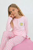 Kız Çocuk Uzun Kollu %100 Pamuklu Düğme Detaylı Pijama Takımı Alright