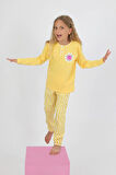Kız Çocuk Uzun Kollu %100 Pamuklu Düğme Detaylı Pijama Takımı Alright