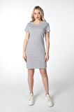 KADIN ÇİZGİLİ KISA KOLLU ELBİSE GRİ-SİYAH - S