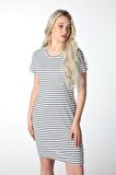 KADIN ÇİZGİLİ KISA KOLLU ELBİSE GRİ-SİYAH - S