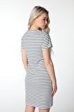 KADIN ÇİZGİLİ KISA KOLLU ELBİSE GRİ-SİYAH - S