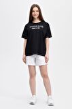 defy's KADIN BASKILI KISA KOLLU BİSİKLET YAKA OVERSIZE TİŞÖRT SİYAH - M