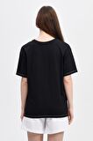 defy's KADIN BASKILI KISA KOLLU BİSİKLET YAKA OVERSIZE TİŞÖRT SİYAH - M