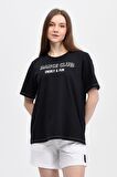 defy's KADIN BASKILI KISA KOLLU BİSİKLET YAKA OVERSIZE TİŞÖRT SİYAH - M