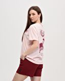 defy's KADIN ÖN VE SIRT BASKILI KISA KOLLU BİSİKLET YAKA OVERSIZE TİŞÖRT PEMBE - S