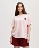 defy's KADIN ÖN VE SIRT BASKILI KISA KOLLU BİSİKLET YAKA OVERSIZE TİŞÖRT PEMBE - L