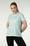 defy's KADIN ARKASI UZUN RAHAT KALIP BASKILI KISA KOLLU BİSİKLET YAKA TİŞÖRT SU YEŞİLİ - XS