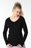 Kadın Uzun Kollu V Yaka Tişört Siyah