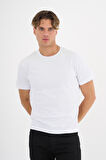Erkek Beyaz %100 Pamuklu Standart Kalıp Likralı  Basic T-Shirt  