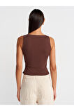 Dilvin Kadın Düğmeli Kare Yaka Crop Top Bluz T-shirt -Açık Kahve Bluz - 21069