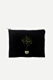 Zeytin Ağacı Desenli %100 Pamuk Siyah Clutch Çanta