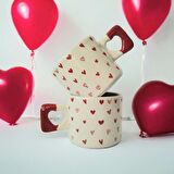 Kırmızı Minik Kalpler Çizimli El Yapımı Doğal Seramik Kalp Kupa Bardak / Mug - Çay&Kahve Fincanı