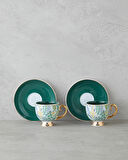 Leafora New Bone China 4 Parça 2 Kişilik Kahve Fincan Takımı 100 ml Yeşil-Mavi