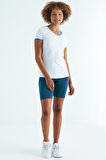 Beyaz V Yaka Standart Kalıp Kısa Kol Kadın Spor T-Shirt - 97268 | M