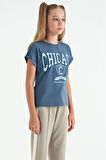 Petrol O Yaka Düşük Omuzlu Rahat Form Kısa Kollu Kız Çocuk T-Shirt - 75128 | 9-10 Yaş