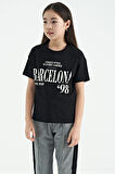 Siyah O Yaka Yazı Baskılı Düşük Omuz Oversize Kız Çocuk T-Shirt - 75115 | 9-10 Yaş