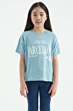 Açık Mavi O Yaka Yazı Baskılı Düşük Omuz Oversize Kız Çocuk T-Shirt - 75115 | 8-9 Yaş