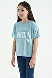 Açık Mavi O Yaka Yazı Baskılı Düşük Omuz Oversize Kız Çocuk T-Shirt - 75115 | 8-9 Yaş