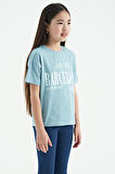 Açık Mavi O Yaka Yazı Baskılı Düşük Omuz Oversize Kız Çocuk T-Shirt - 75115 | 8-9 Yaş