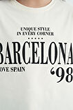 Ekru O Yaka Yazı Baskılı Düşük Omuz Oversize Kız Çocuk T-Shirt - 75115 | 8-9 Yaş