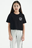 Siyah Ön Arka Baskılı O Yaka Düşük Omuz Oversize Kısa Kollu Kız Çocuk T-Shirt - 75126 | 9-10 Yaş