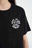 Siyah Ön Arka Baskılı O Yaka Düşük Omuz Oversize Kısa Kollu Kız Çocuk T-Shirt - 75126 | 9-10 Yaş