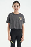 Koyu Gri Ön Arka Baskılı O Yaka Düşük Omuz Oversize Kısa Kollu Kız Çocuk T-Shirt - 75126 | 9-10 Yaş